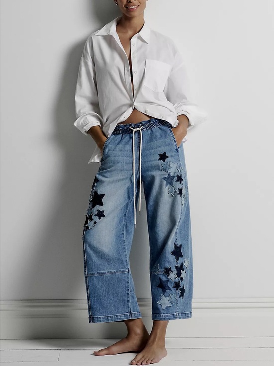 Pilcro Denim - Pilcro Anthropologie Izzie Relaxed Star Pull-On Barrel Jean Size Large Petite